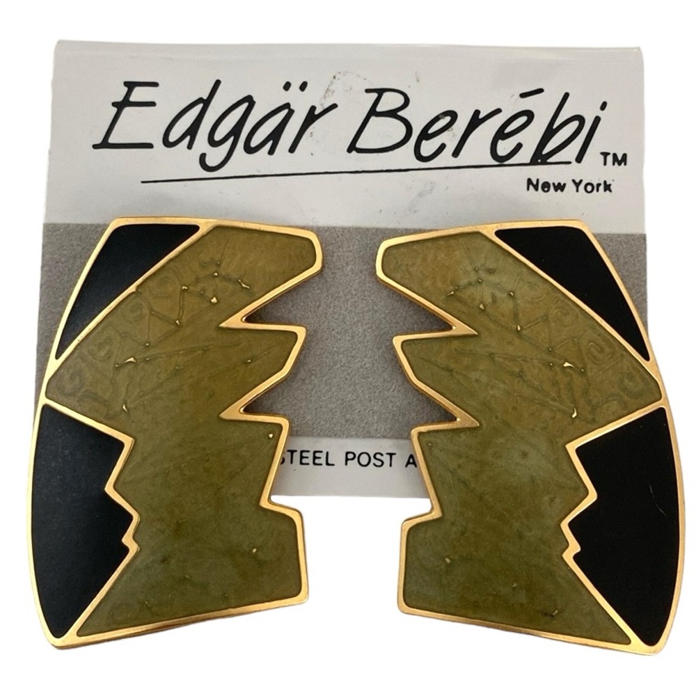 Edgar Berebi Vintage Green Black Enamel Art Earrings